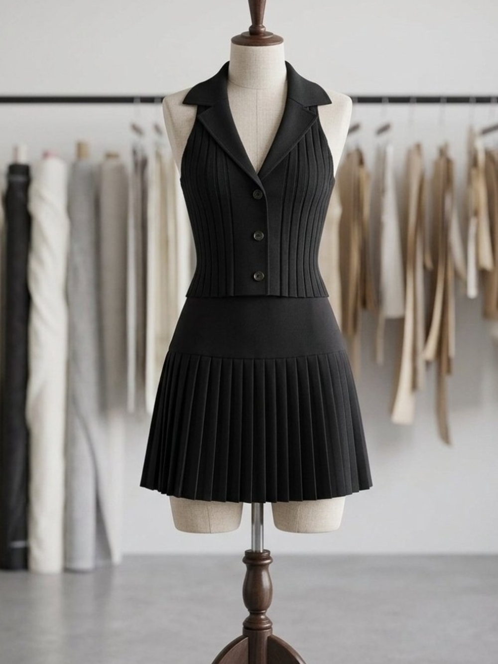 Black Sleeveless Pleated Knit Mini Dress with Notched Collar